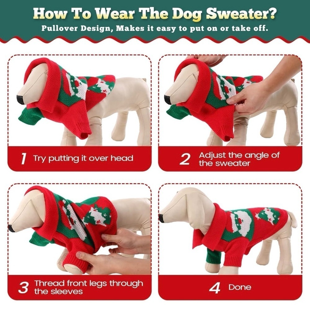 Dog Sweater, Christmas Sweater Warm Winter Plaid Knitwear with Leash Hole - Picture 4 of 7